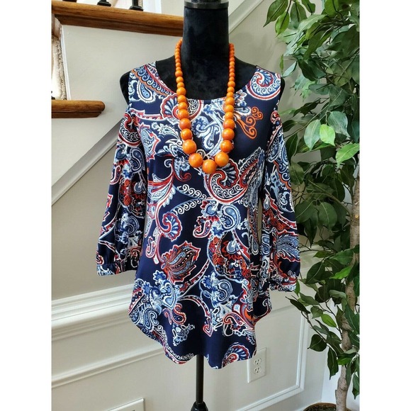 New Directions Women's Blue Cotton Cold Shoulder Sleeve Round Neck Blouse Size M - Picture 1 of 10